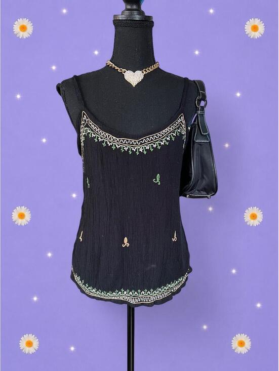 American Vintage Tops - Vintage 1970s Boho Embroidered Black Gauze Tank Top Size Small 🖤
